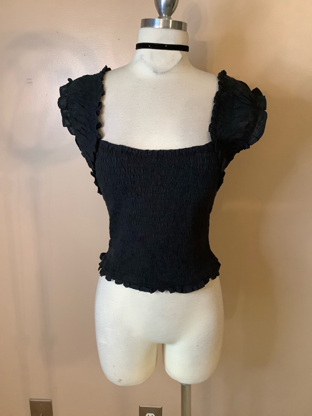 Free People Black Ari Smocked Top Shirt Stretchy Gothic Lace Off Shoulder Small